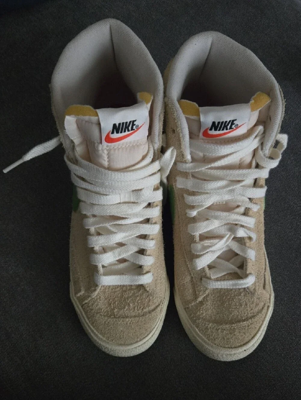 Nike Womens Suede High-Top Sneakers in Beige with Green Swoosh